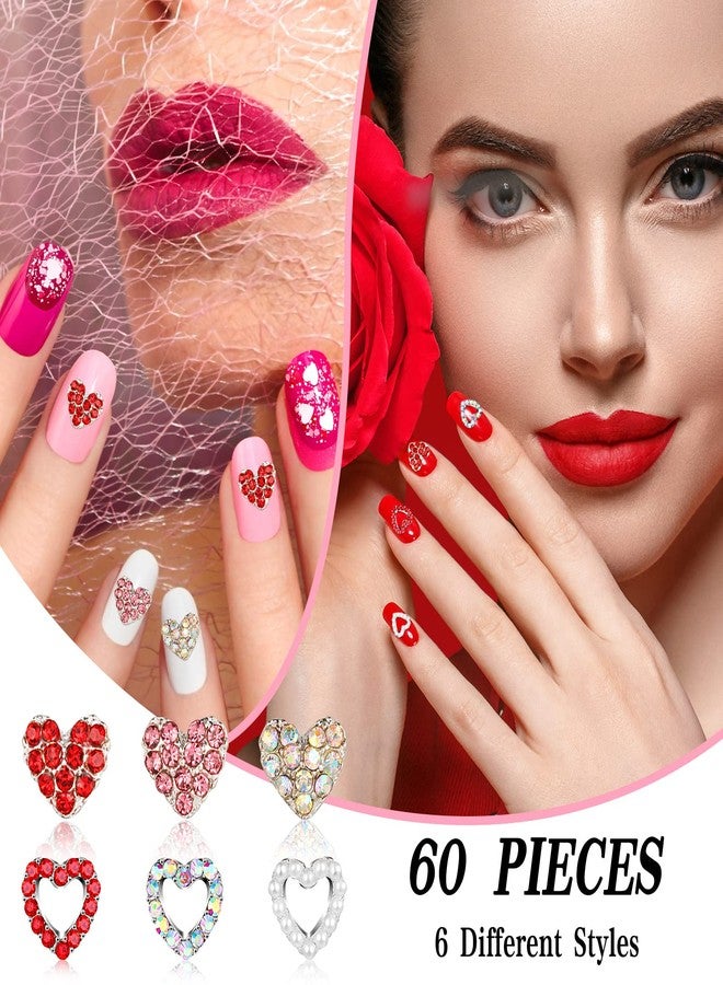 Leelosp 60 Pieces Valentines Day 3D Heart Nail Charms Heart Rhinestone Art Decals Love Crystal Gems Alloy Diamonds Decor for Valentine‘s Day Women DIY Nail Jewelry Accessories(Novel Style) - Image 2